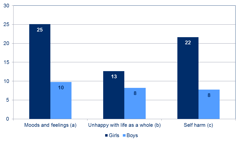 The chart shows a higher percentage of girls score highly on the moods and feeling scale, are more likely to be unhappy with life as a whole and are more likely to self-harm than boys.