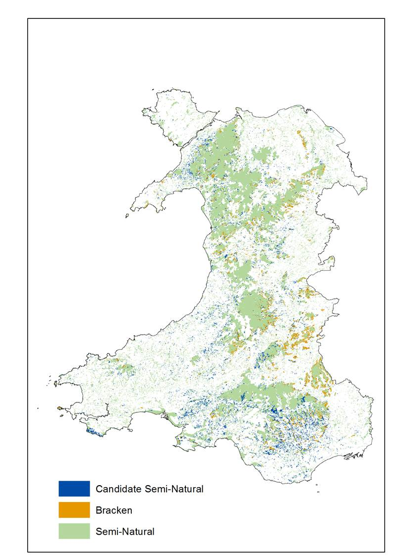 Map showing semi-natural habitats across Wales