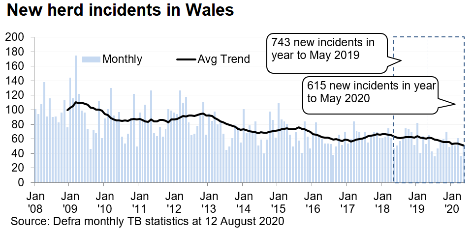 Chart showing the trend in new herd incidents in Wales since 2008. There were 615 new incidents in the 12 months to May 2020, a decrease of 17% compared with the previous 12 months.