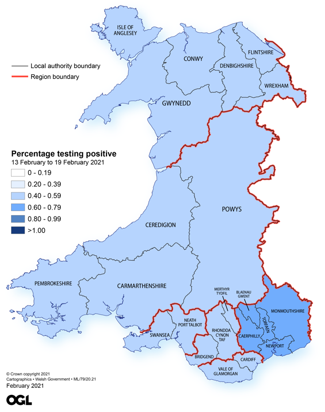 Figure showing the estimates of the percentage of the population in Wales testing positive for the coronavirus (COVID-19) by region between 13 and 19 February 2021.