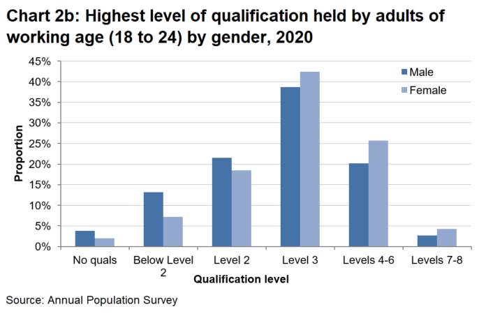 Chart showing that 3.8% of males hold no qualification compared to 2.7% of females. More females are more likely to hold a qualification at level 3 and above than man aged 18 to 24.