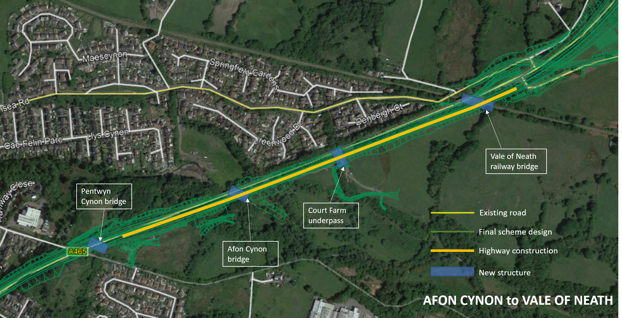 Satellite map showing changes to Croesbychan junction