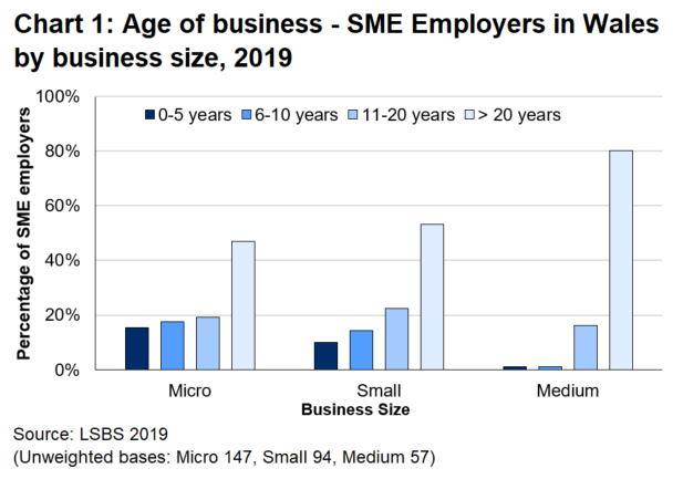 Bar chart 1 shows the majority of SME employer businesses in Wales are more than 20 years old.  