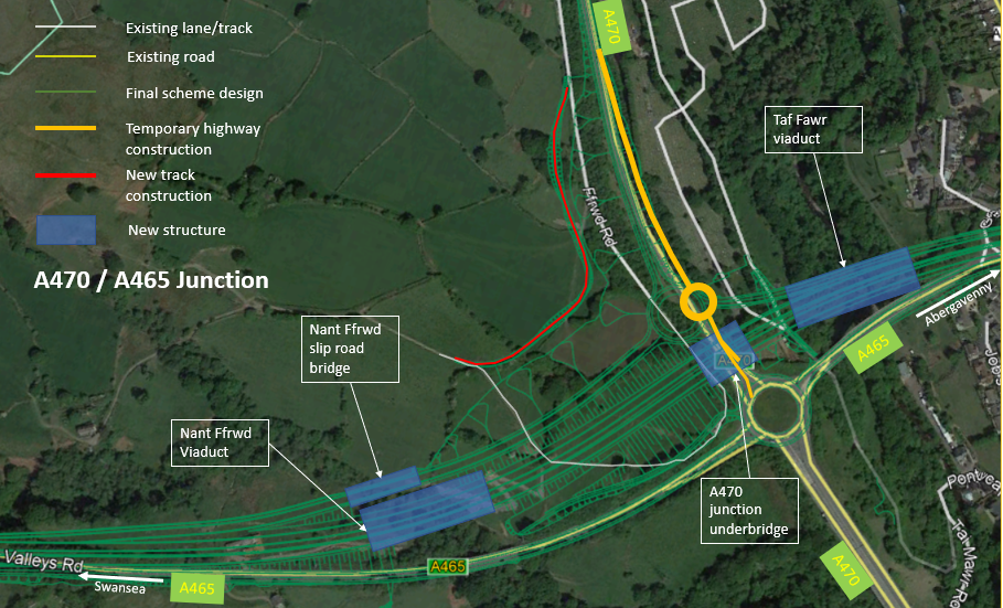 Map showing A465/A470 road plans