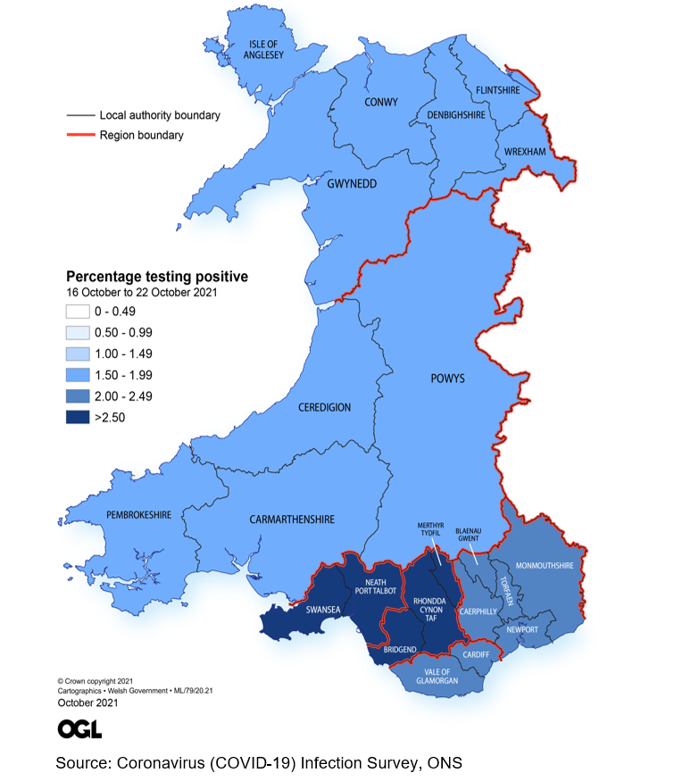 Figure showing the estimates of the percentage of the population in Wales testing positive for the coronavirus (COVID-19) by region between 16 and 22 October.