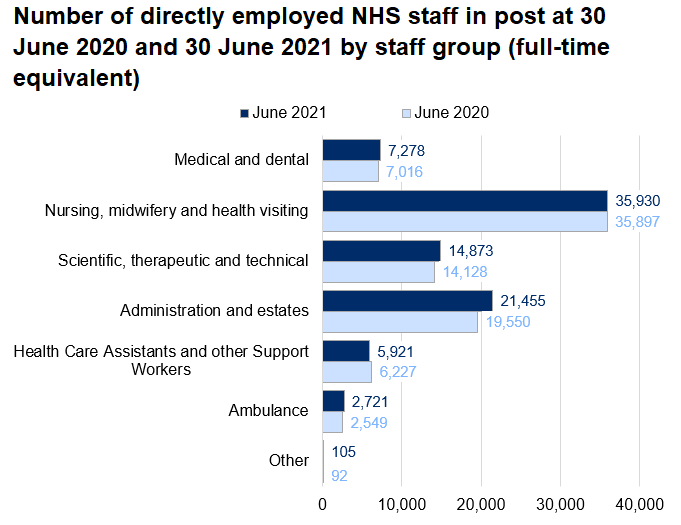 Chart showing the number of staff directly employed by the NHS in Wales, by staff group, at 30 June 2020 and 2021. All groups except HCAs and other support staff have increased since 30 June 2020.