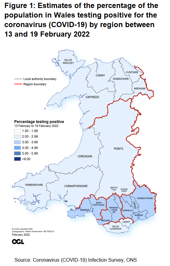 Figure showing the estimates of the percentage of the population in Wales testing positive for the coronavirus (COVID-19) by region between 13 February and 19 February 2022.