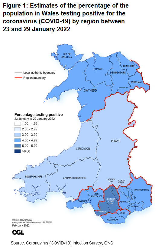 Figure showing the estimates of the percentage of the population in Wales testing positive for the coronavirus (COVID-19) by region between 23 and 29 January 2022.