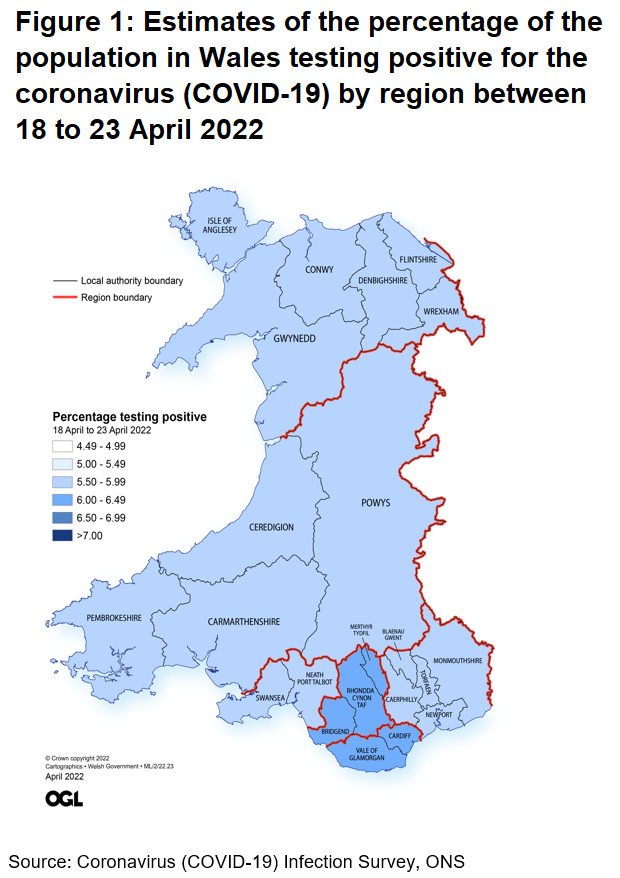 Figure showing the estimates of the percentage of the population in Wales testing positive for the coronavirus (COVID-19) by region between 18 April and 23 April 2022.