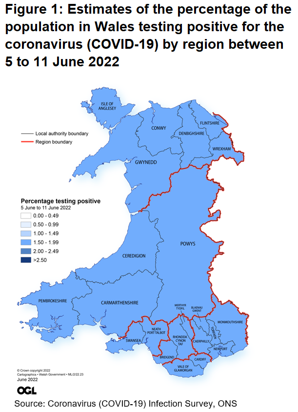 Figure showing the estimates of the percentage of the population in Wales testing positive for the coronavirus (COVID-19) by region between 5 and 11 June 2022.