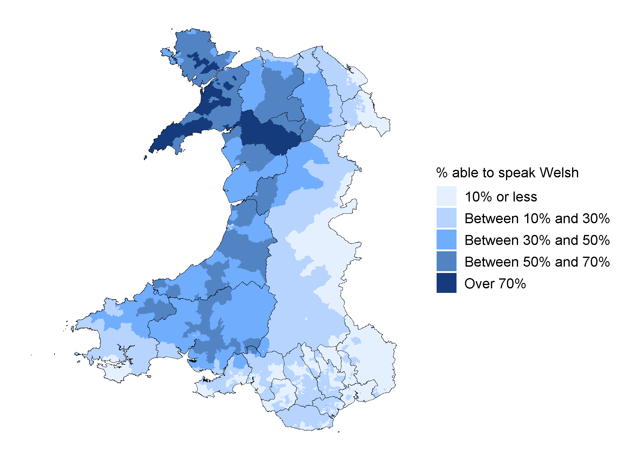 This map shows how the percentage of people aged three or older able to speak Welsh varies by small area known as LSOAs. Small areas where over 70% of their population were able to speak Welsh were in north west Wales whereas most small areas where 10% or less of their population were able to speak Welsh were in south east Wales.