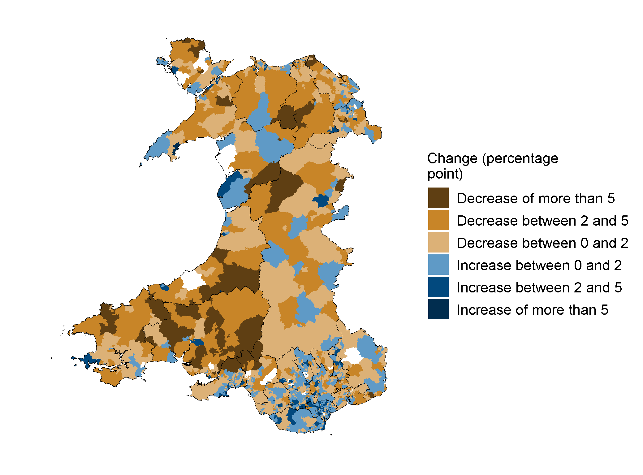 This map shows how the change in the percentage of people aged three or older able to speak Welsh between 2011 and 2021 varies by small area known as LSOAs. Most of the small areas which saw the largest increases were in south east Wales and most small areas which saw the largest decreases were in south west Wales.