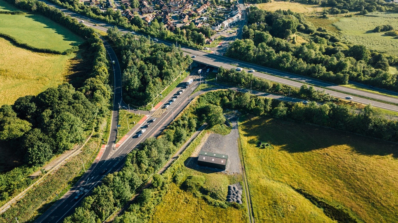 Image 2: Aerial view of the completed M4 Junction 48 scheme, which was built with the Eco rich environment in mind.