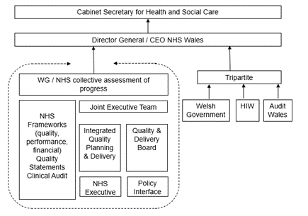 Audit Wales, Health Inspectorate Wales, and Welsh Government make up the Tripartate, which informs the Director General and CEO NHS Wales. The latter is also informed by Welsh Government and the NHS collective assessment of progress. The Director General and CEO NHS Wales informs the Cabinet Secretary for Health and Social Care. The Welsh Government and NHS collective assessment of progress includes policy interface, the NHS Executive, the Quality and Delivery Board, the Integrated Quality Planning and Delivery, the Joint Executive Team, NHS frameworks including quality, performance, and financial, quality statements, and clinical audit.