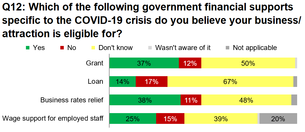 Q12 "Which of the following government financial supports specific to the Covid-19 crisis do you believe your business / attraction is eligible for?" 38% are aware of business rates relief, 37% are aware of grants, 25% are aware of wage support for employed staff and 14% are aware of loans