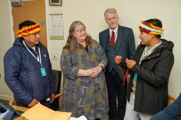 Deputy First Minister and Cabinet Secretary for Climate Change and Rural Affairs - Huw Irranca-Davies, Counsel General Designate and Minister for Delivery - Julie James, with Teófilo Kukush Pati, President of the Wampís Nation, and Tsanim Wajai Asamat, a young Wampís leader.